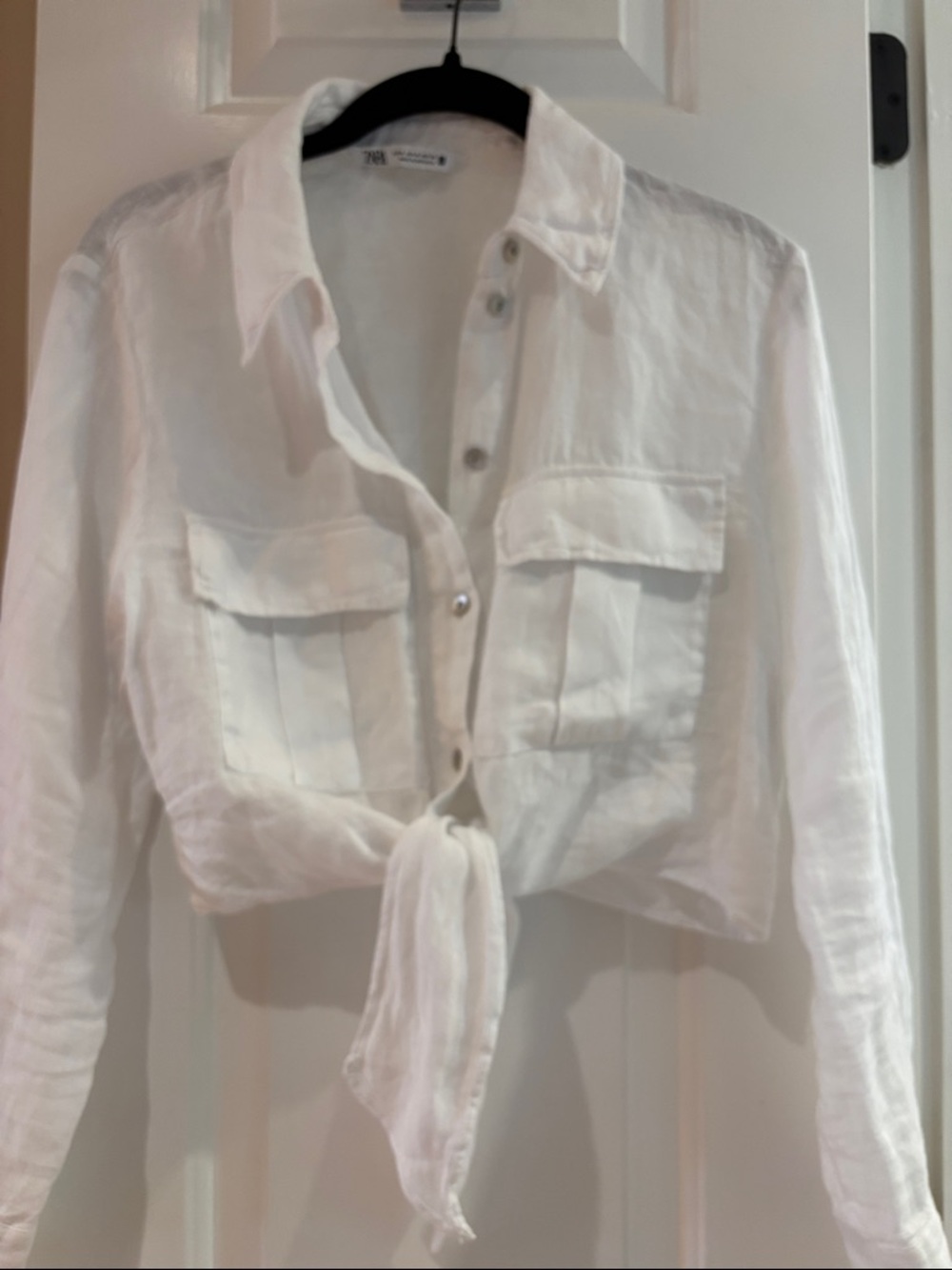 Zara Linen White Tie-Front Button Shirt